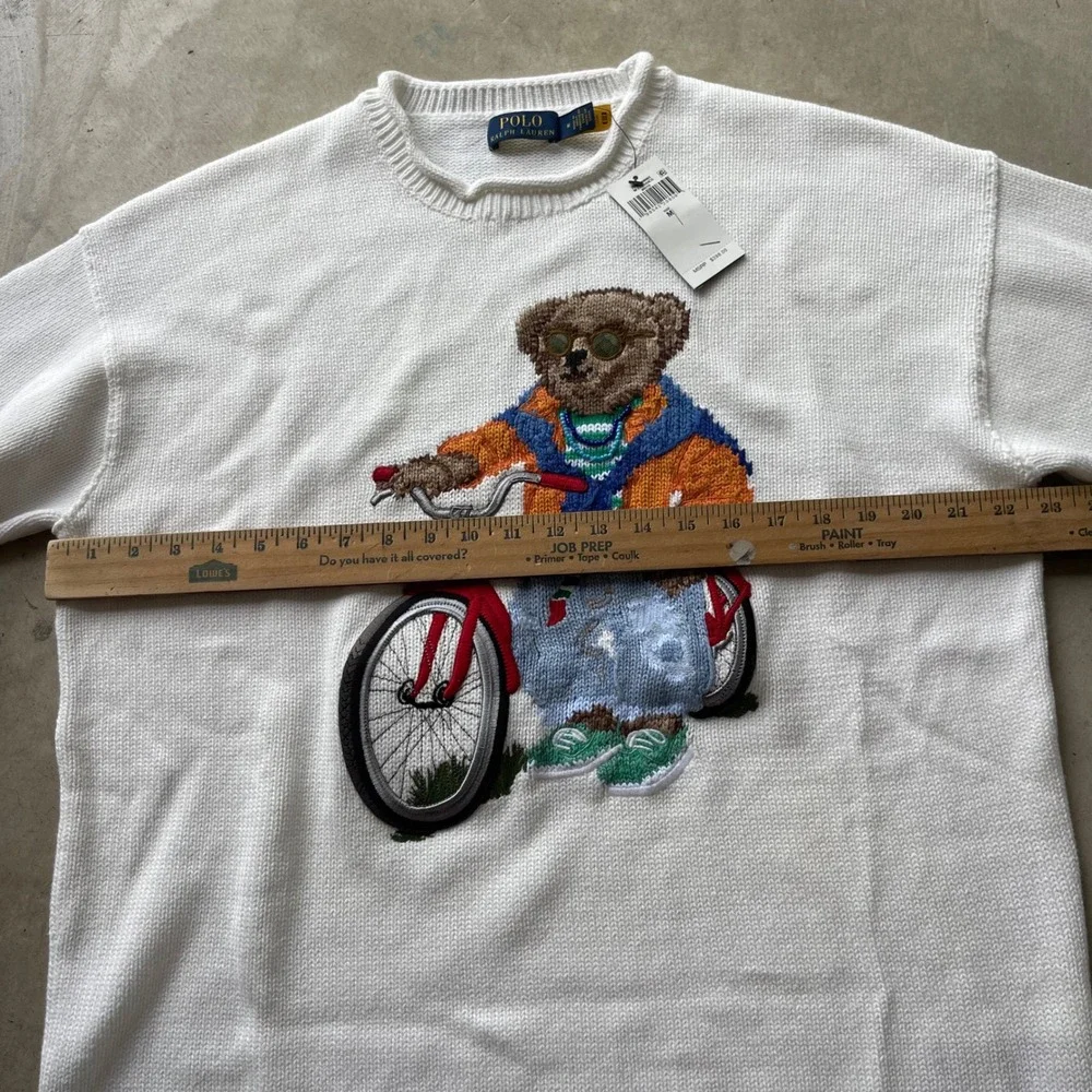 Polo Ralph Lauren Mens White Polo Bear Bicycle Intarsia Knit Sweater Size M NEW